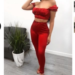 Laura’s boutique red satin two piece matching set perfect for devils costume